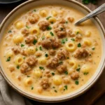 Bowl of creamy sausage and tomato pasta soup garnished with fresh herbs.