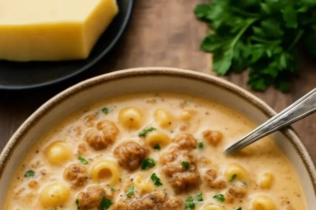 Bowl of creamy sausage and tomato pasta soup garnished with fresh herbs.