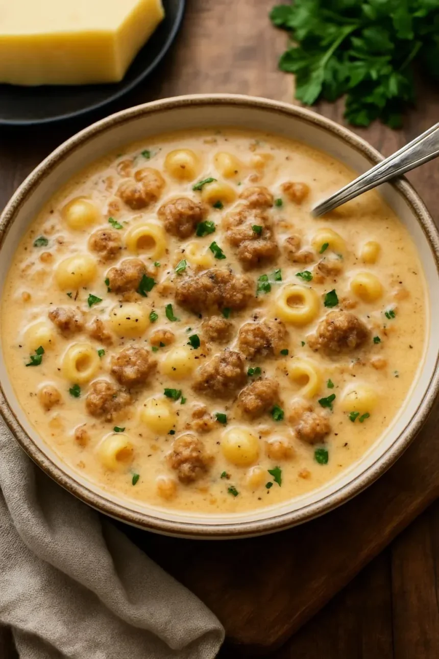 Bowl of creamy sausage and tomato pasta soup garnished with fresh herbs.