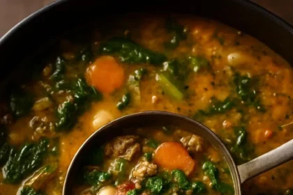 Bowl of creamy sausage, bean, and spinach soup garnished with herbs.