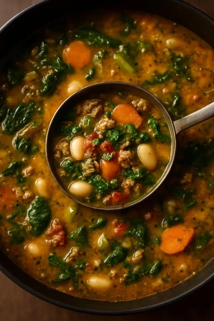 Bowl of creamy sausage, bean, and spinach soup garnished with herbs.