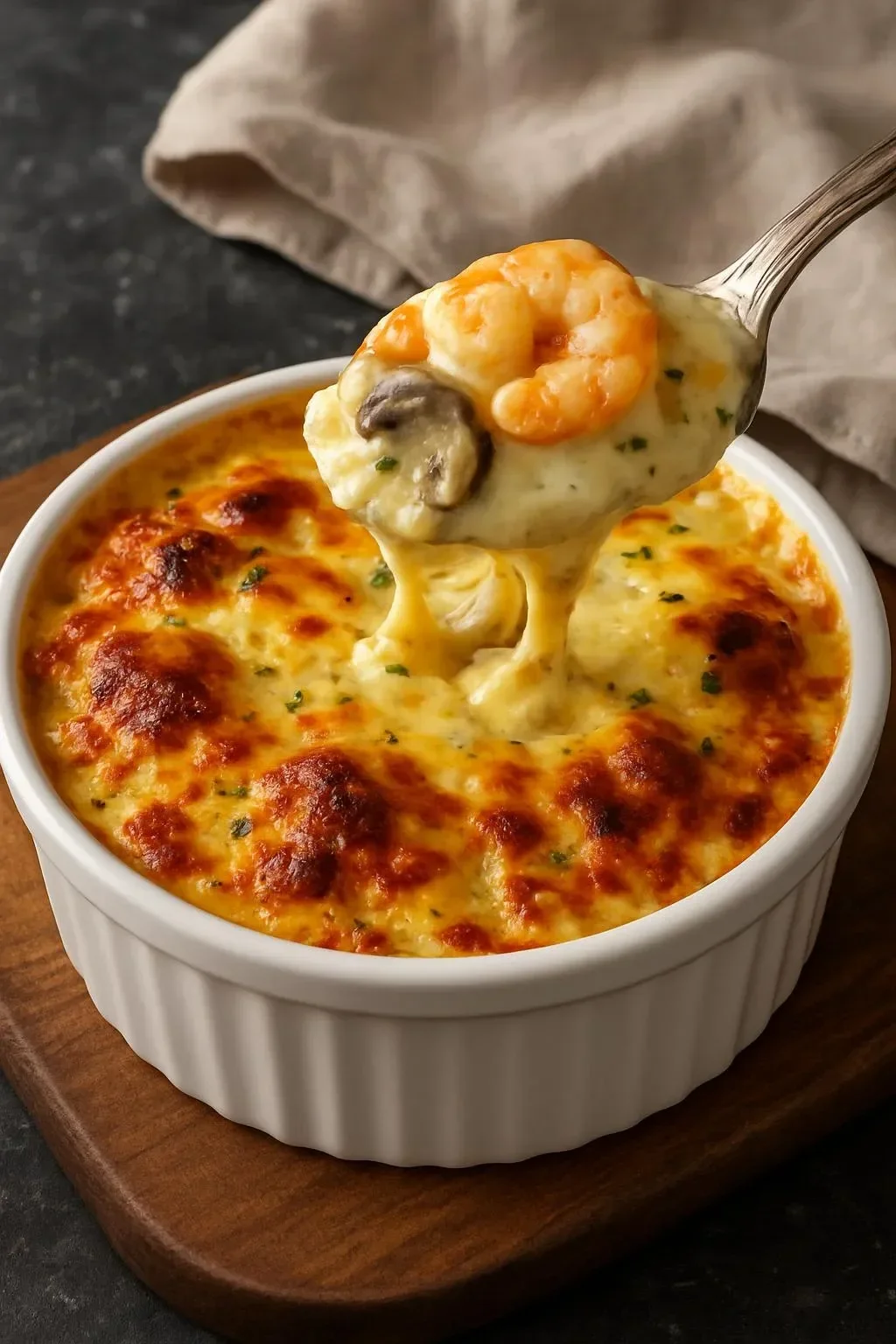 Delicious creamy seafood pot pie served in a golden crust