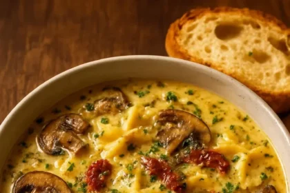 Creamy sun-dried tomato and mushroom pasta soup in a bowl