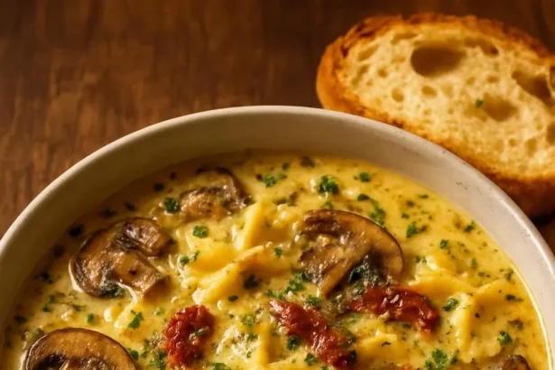 Creamy sun-dried tomato and mushroom pasta soup in a bowl