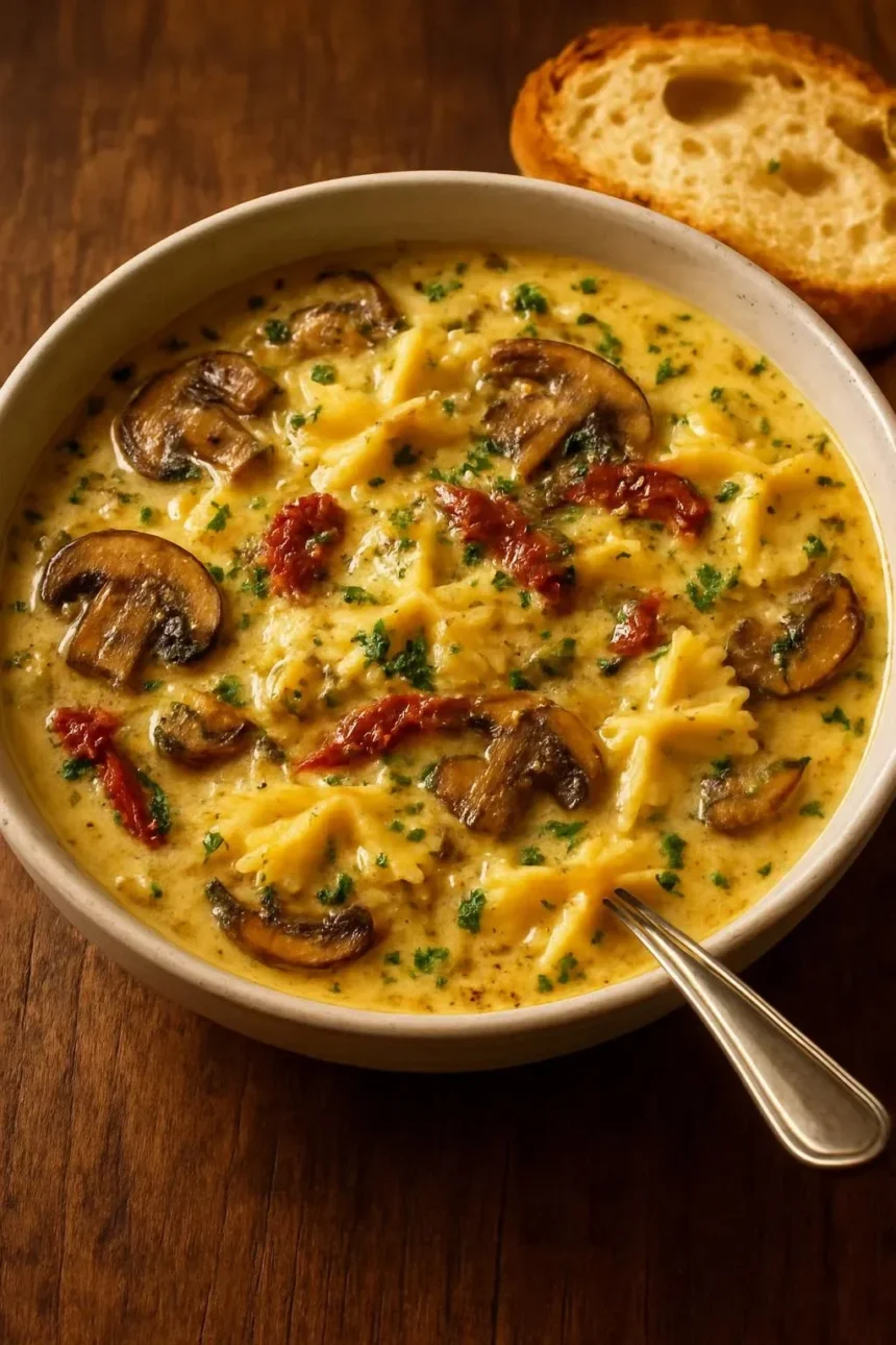 Creamy sun-dried tomato and mushroom pasta soup in a bowl