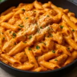 Creamy tomato chicken pasta dish garnished with fresh herbs
