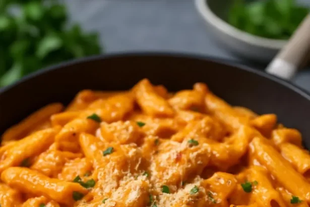 Creamy tomato chicken pasta dish garnished with fresh herbs