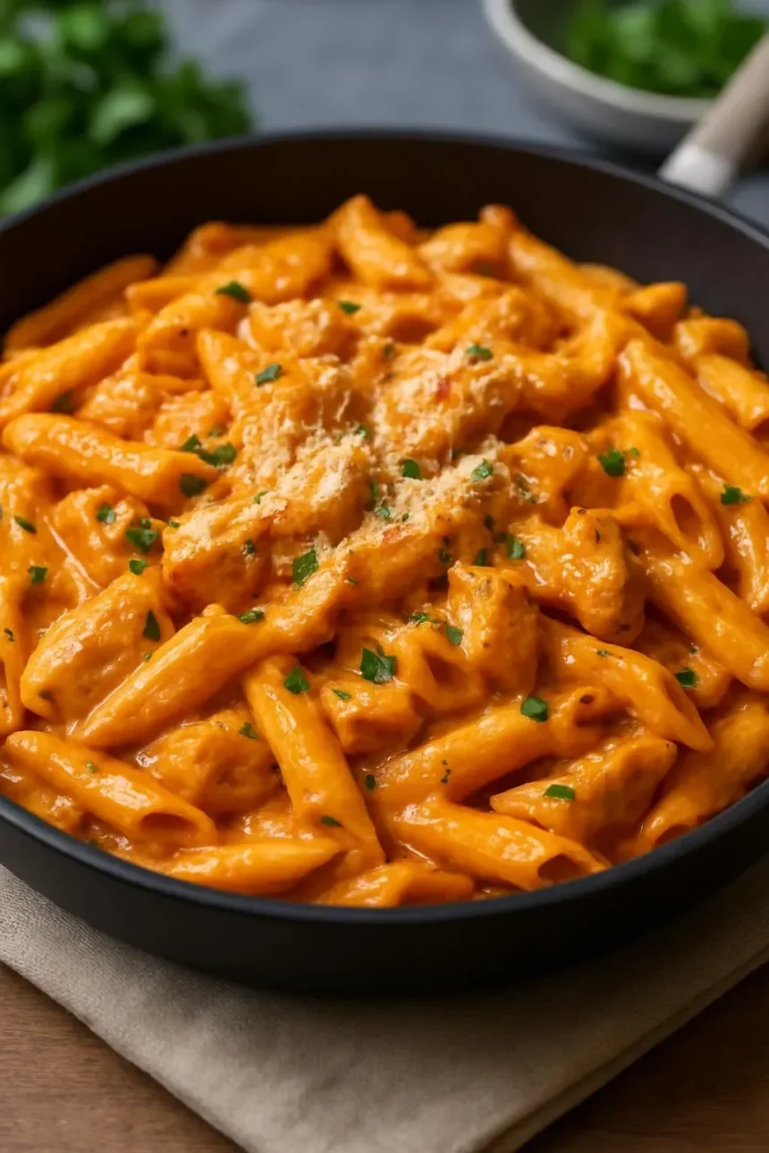 Creamy tomato chicken pasta dish garnished with fresh herbs