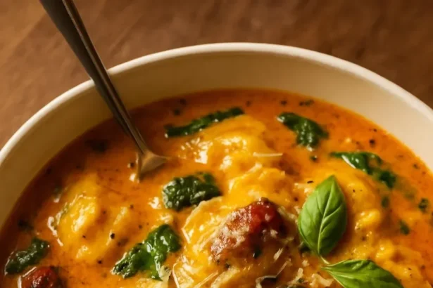 Creamy tomato ravioli soup served in a bowl with fresh herbs.