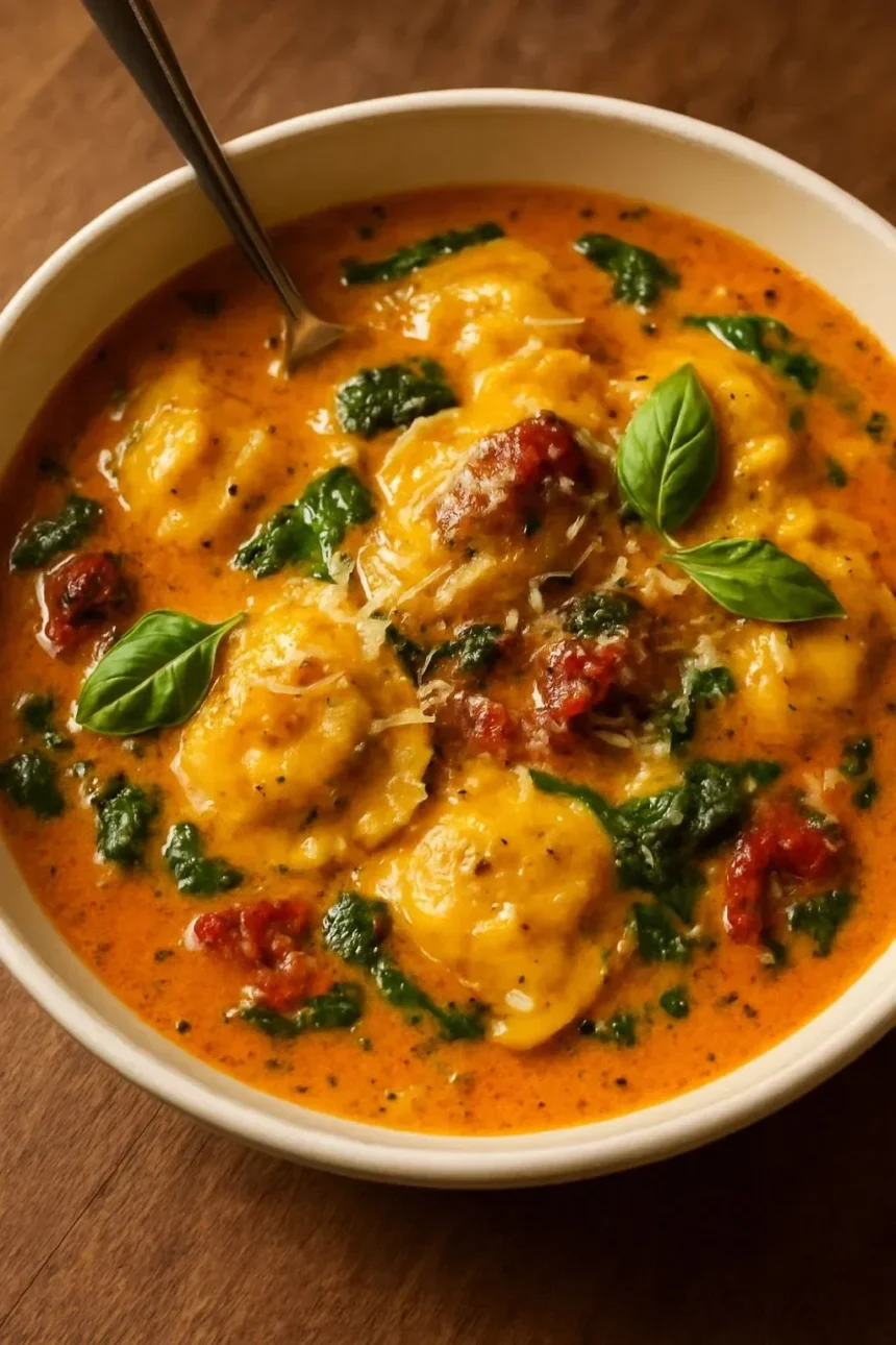 Creamy tomato ravioli soup served in a bowl with fresh herbs.