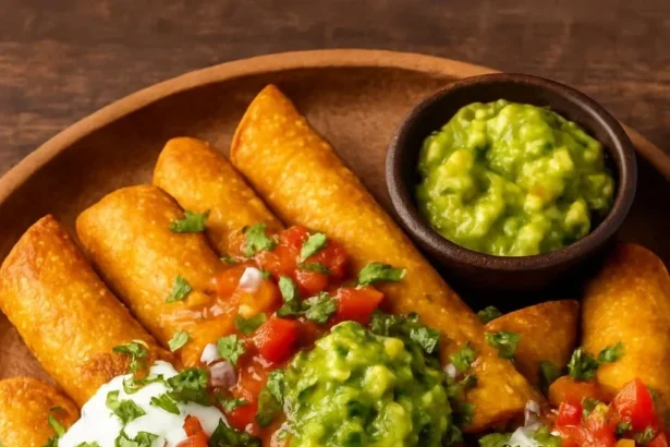 Crispy baked cheese and pepper taquitos served with avocado lime crema