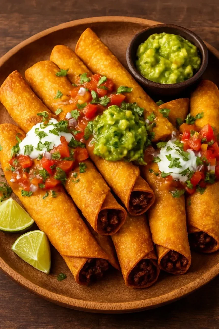 Crispy baked cheese and pepper taquitos served with avocado lime crema