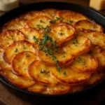 Crispy balsamic potato torte with fresh thyme on a white plate