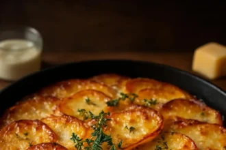 Crispy balsamic potato torte with fresh thyme on a white plate