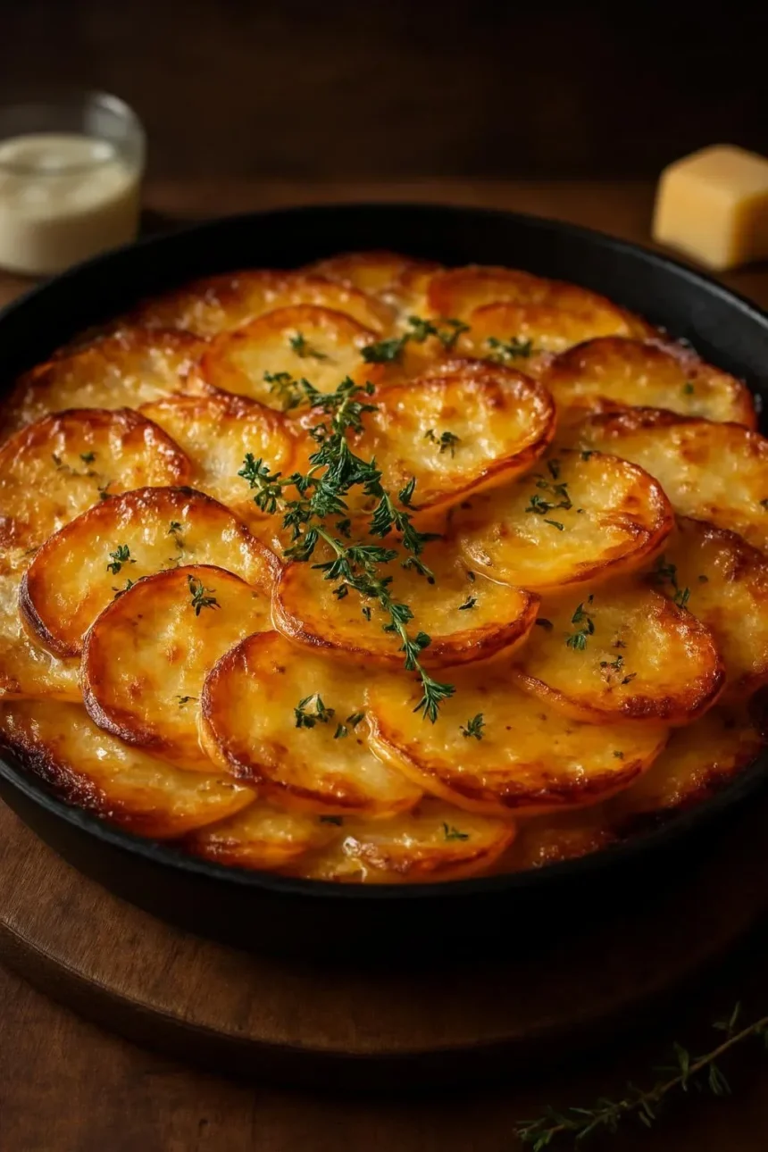 Crispy balsamic potato torte with fresh thyme on a white plate