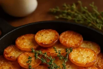 Crispy balsamic potato torte with fresh thyme on a plate
