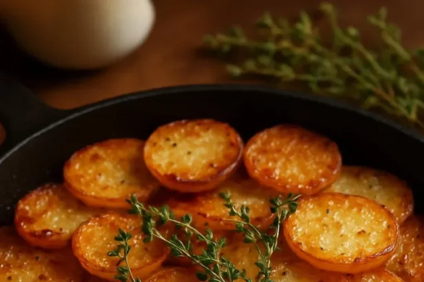 Crispy balsamic potato torte with fresh thyme on a plate