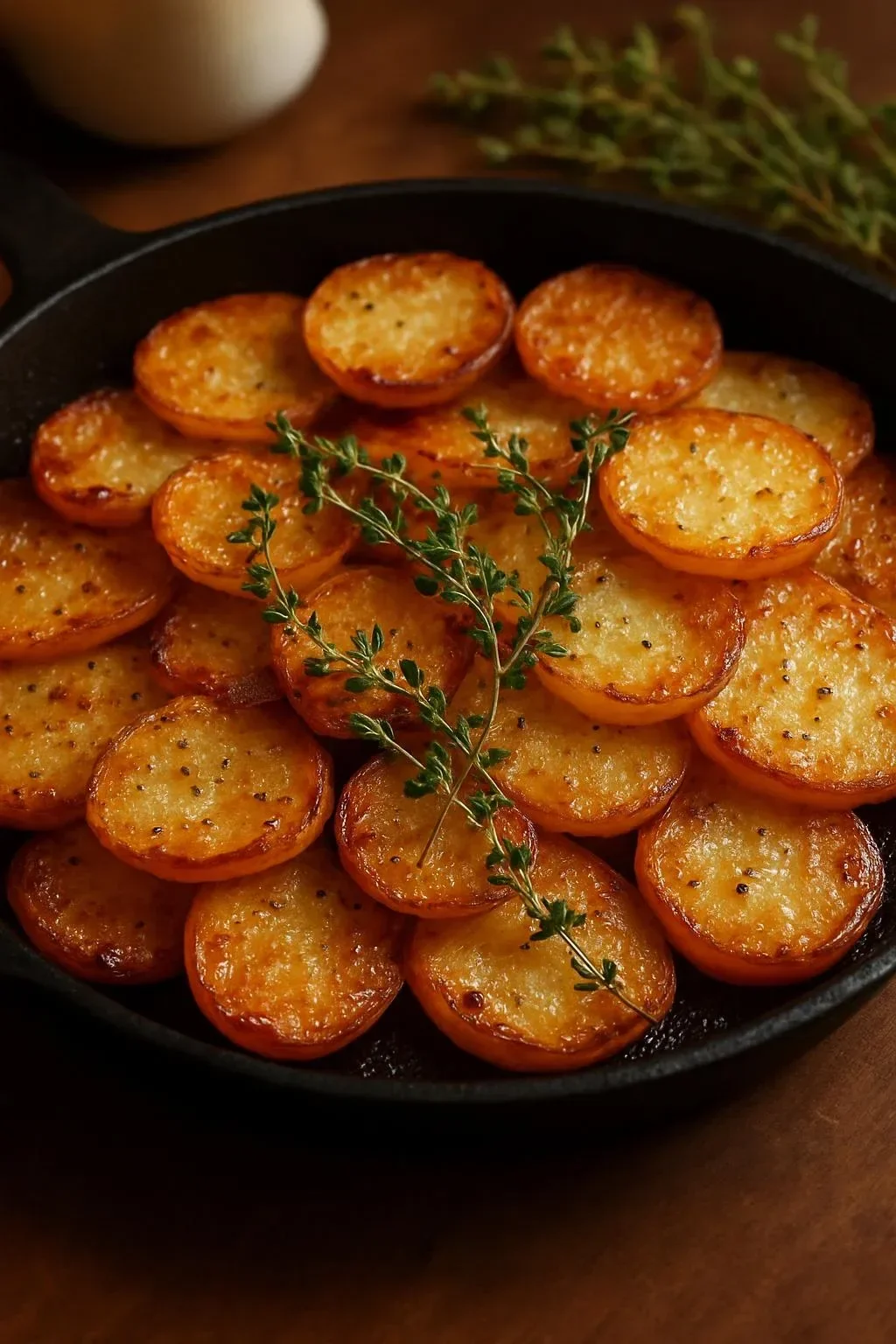Crispy balsamic potato torte with fresh thyme on a plate