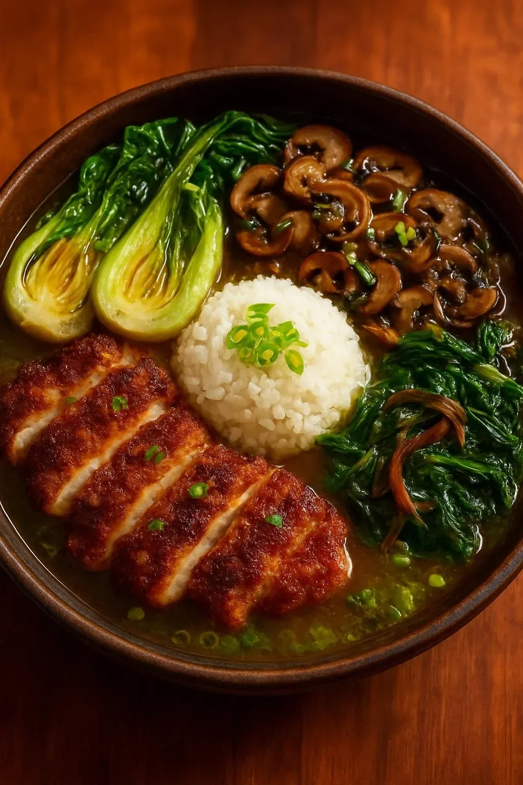 Crispy Chicken & Mushroom Bowl in ginger-garlic broth