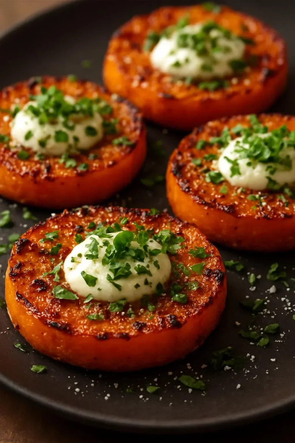 Crispy herbed sweet potatoes served with garlic lemon aioli on a plate