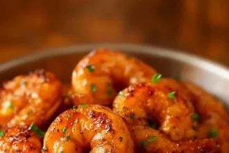 Crispy honey-glazed shrimp served on a plate with garnish