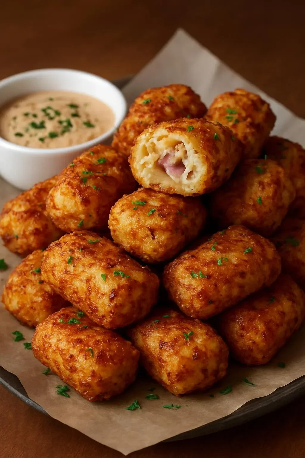 Crispy Reuben-Style Tater Tots with bacon and sauerkraut, plated for serving.