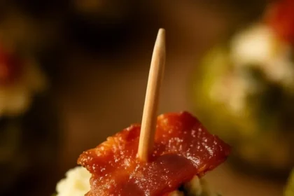 Crispy roasted Brussels sprouts topped with blue cheese and crispy bacon bites