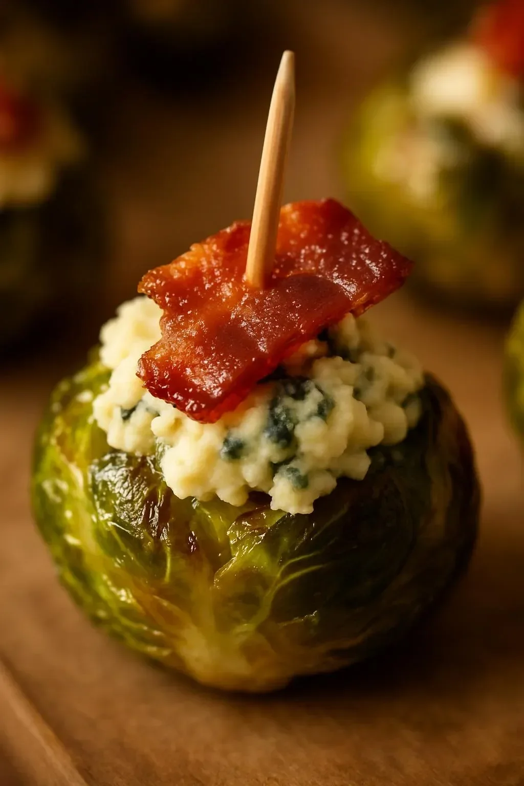 Crispy roasted Brussels sprouts topped with blue cheese and crispy bacon bites