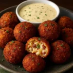 Crispy Turkey Reuben Bites served with dipping sauce on a platter