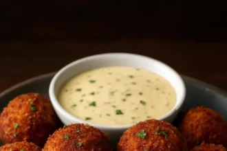 Crispy Turkey Reuben Bites served with dipping sauce on a platter