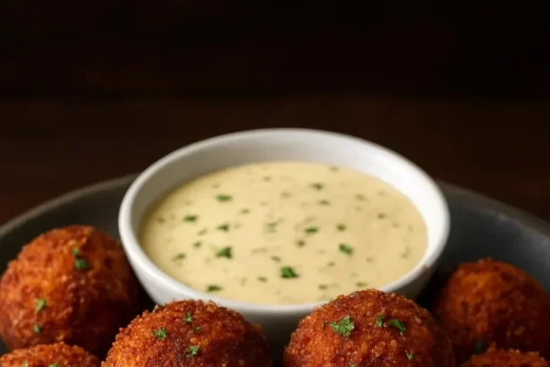 Crispy Turkey Reuben Bites served with dipping sauce on a platter