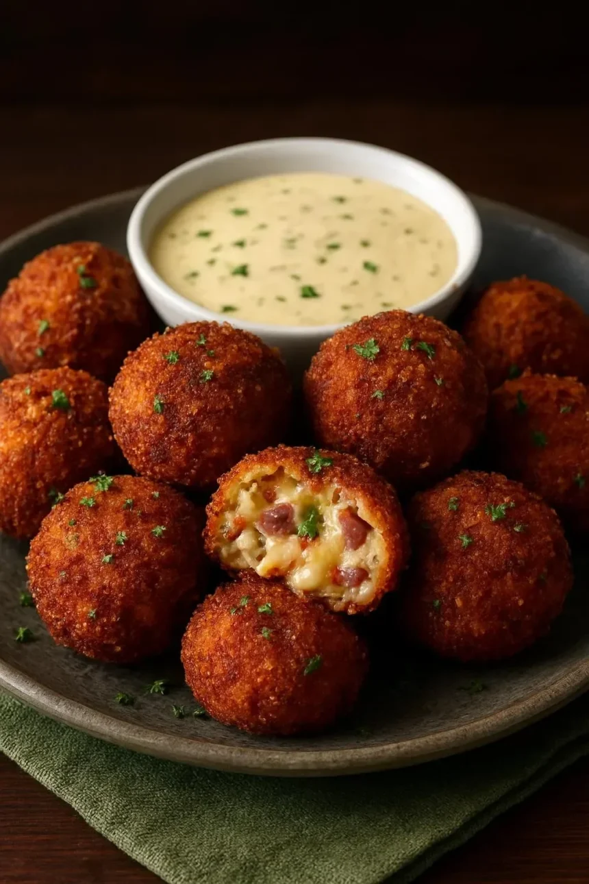 Crispy Turkey Reuben Bites served with dipping sauce on a platter