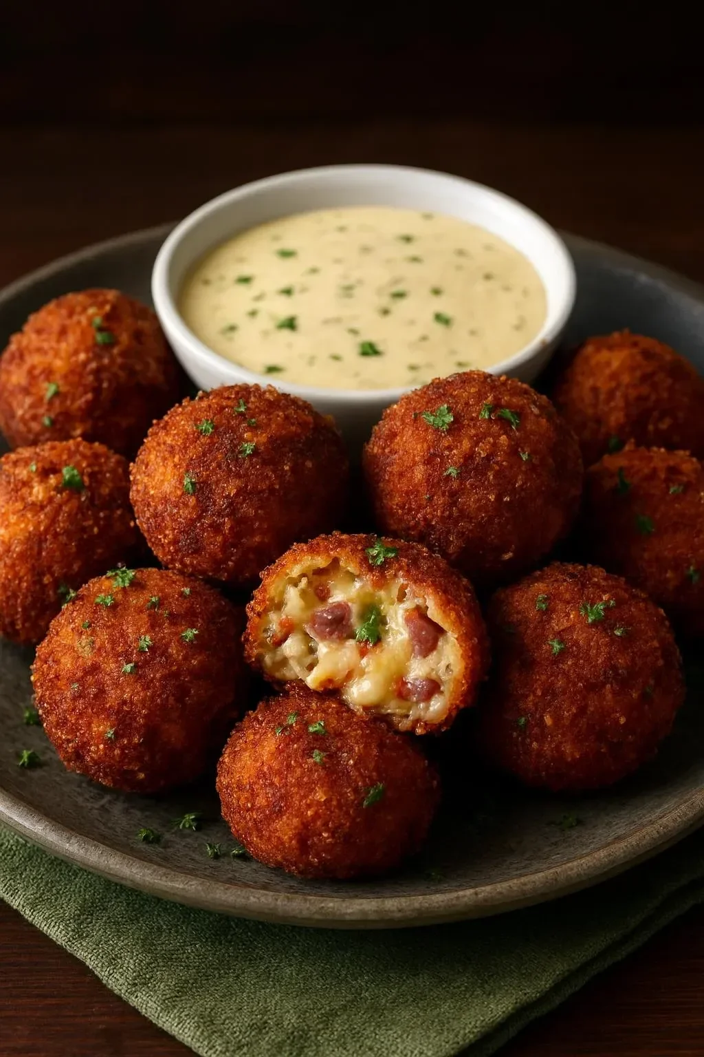 Crispy Turkey Reuben Bites served with dipping sauce on a platter