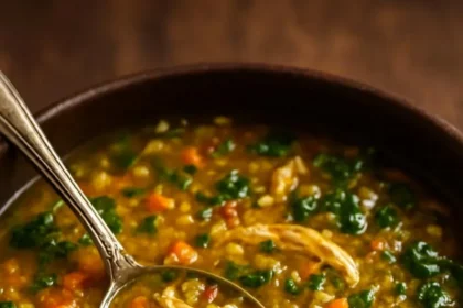 Curried Chicken Lentil and Rice Soup with Spinach in a bowl