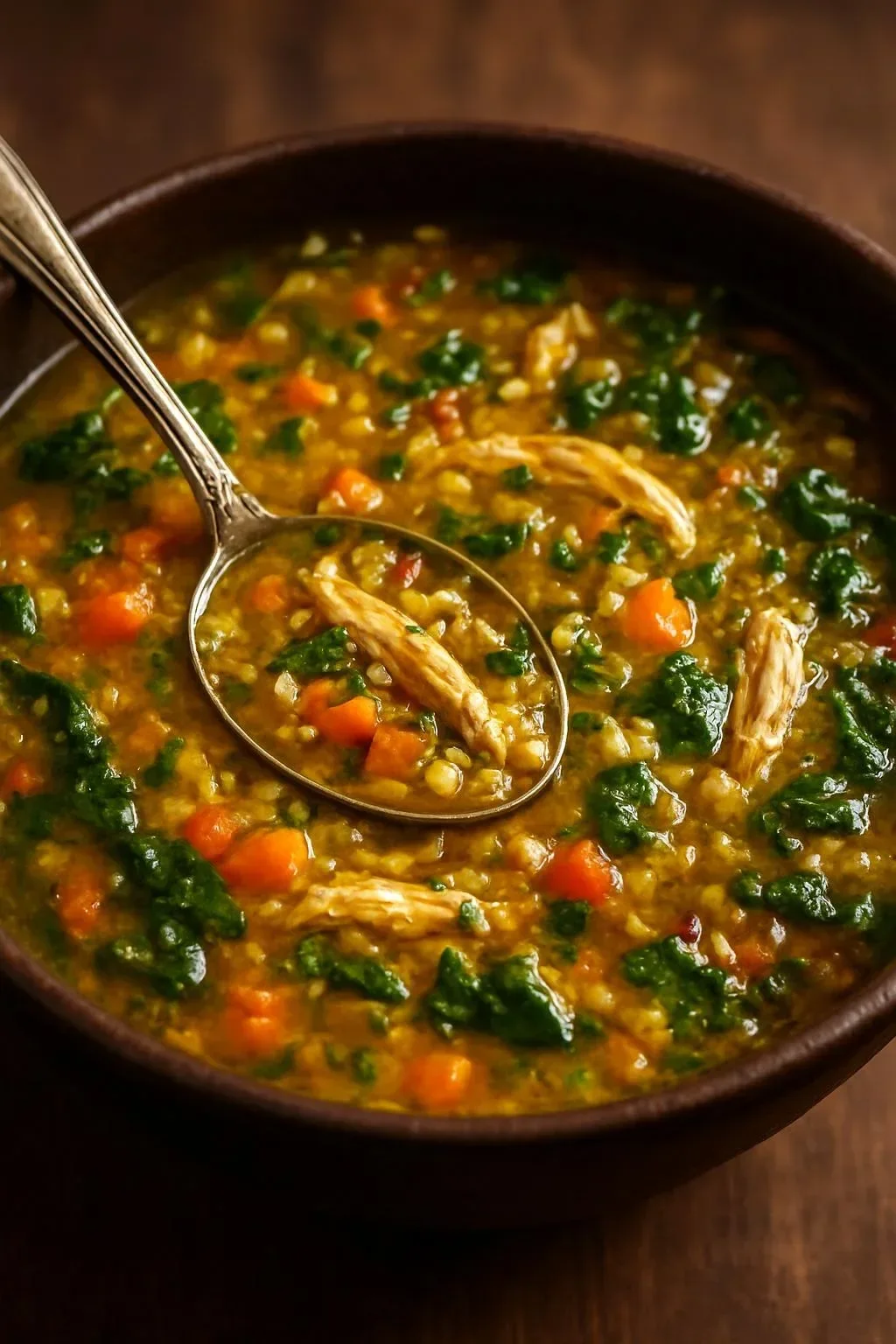 Curried Chicken Lentil and Rice Soup with Spinach in a bowl