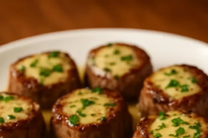 Delicious steak bites served with garlic butter and creamy parmesan