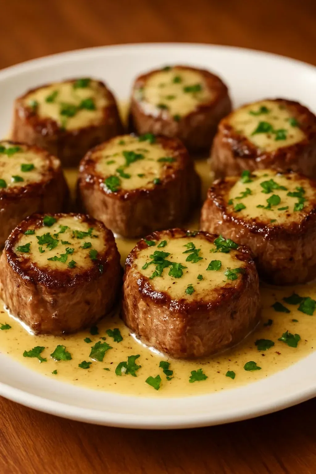 Delicious steak bites served with garlic butter and creamy parmesan