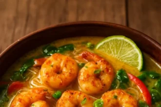 Bowl of easy Coconut Shrimp and Tofu Curry Noodle Soup garnished with herbs