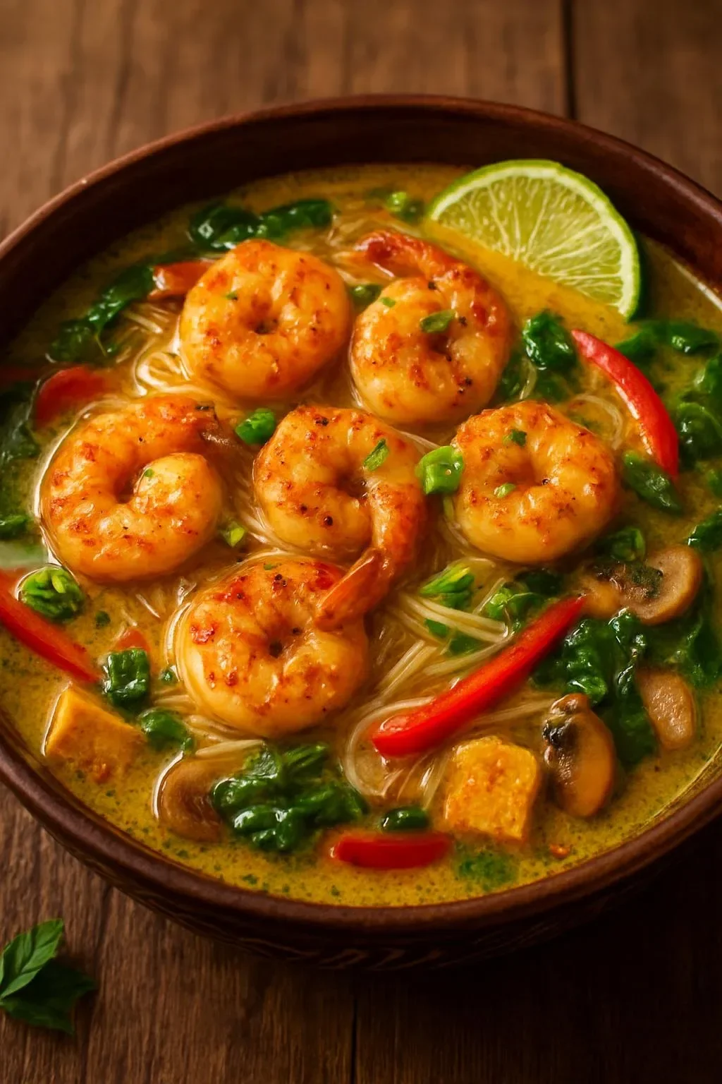 Bowl of easy Coconut Shrimp and Tofu Curry Noodle Soup garnished with herbs