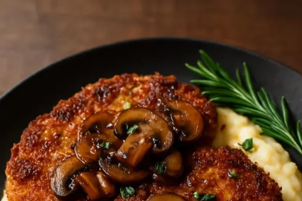 Pretzel-crusted honey mustard chicken with mushrooms on a plate