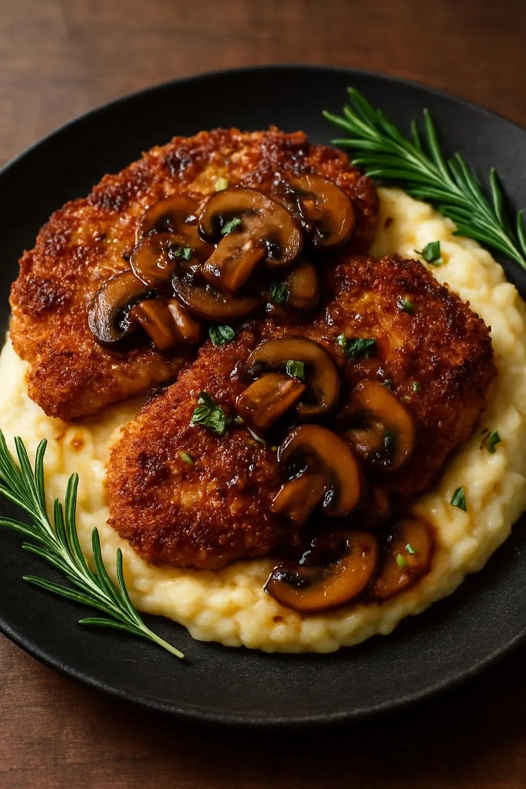 Pretzel-crusted honey mustard chicken with mushrooms on a plate