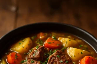 Slow cooker beef with potatoes and cabbage in a rustic dish