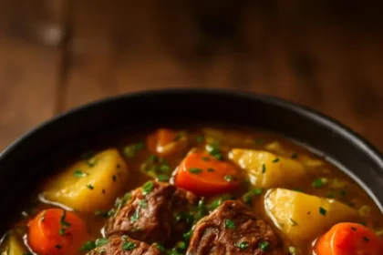 Slow cooker beef with potatoes and cabbage in a rustic dish