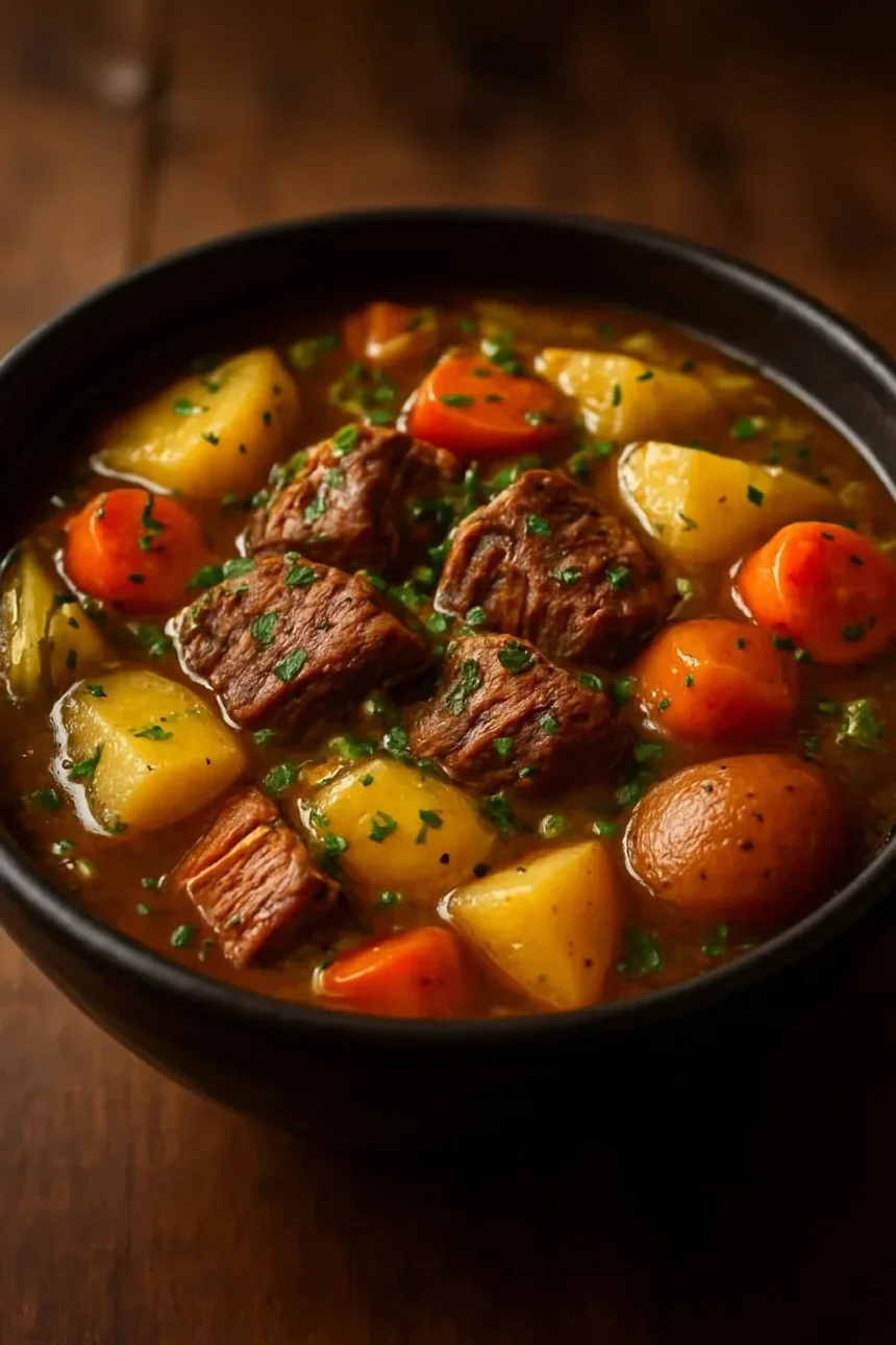 Slow cooker beef with potatoes and cabbage in a rustic dish
