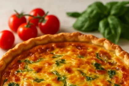 Elegant Ricotta and Spinach Quiche served on a wooden table.