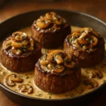 Filet steaks topped with creamy mushroom and herb sauce.