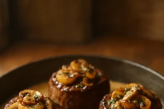 Filet steaks topped with creamy mushroom and herb sauce.