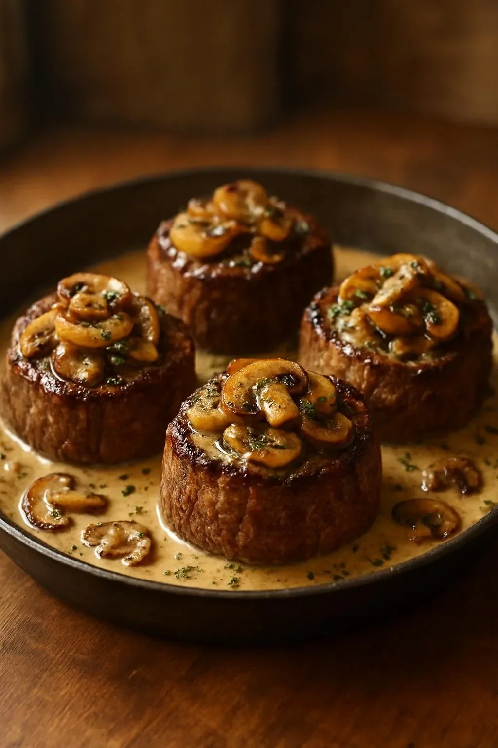 Filet steaks topped with creamy mushroom and herb sauce.
