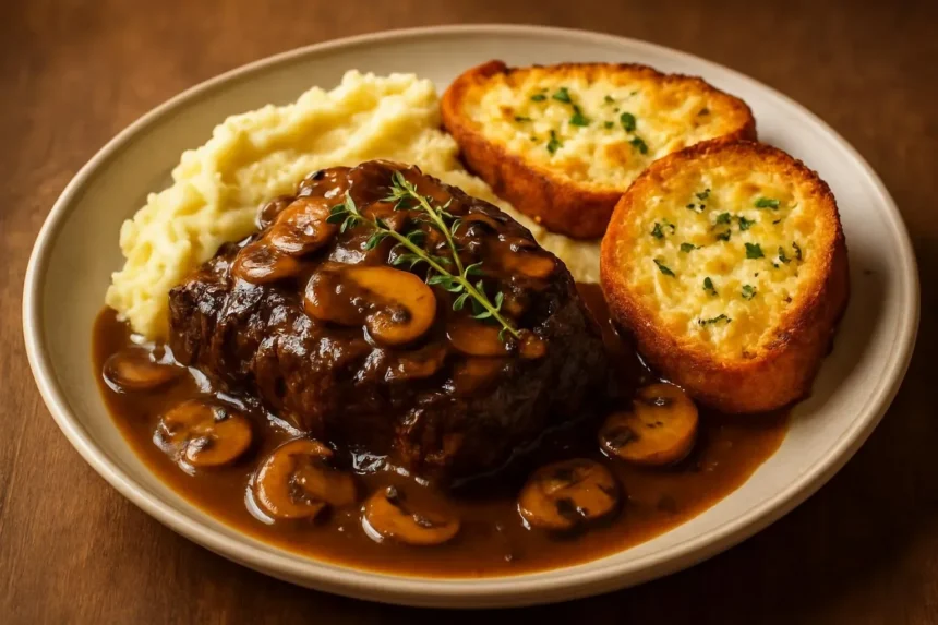 French Onion Braised Beef with Mushrooms served on a plate