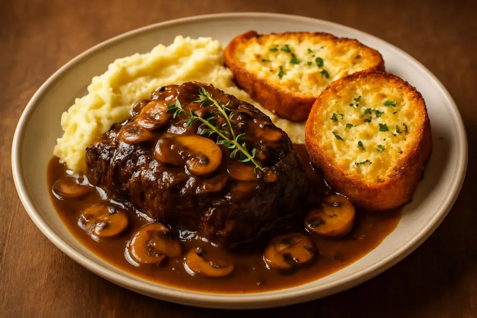 French Onion Braised Beef with Mushrooms served on a plate